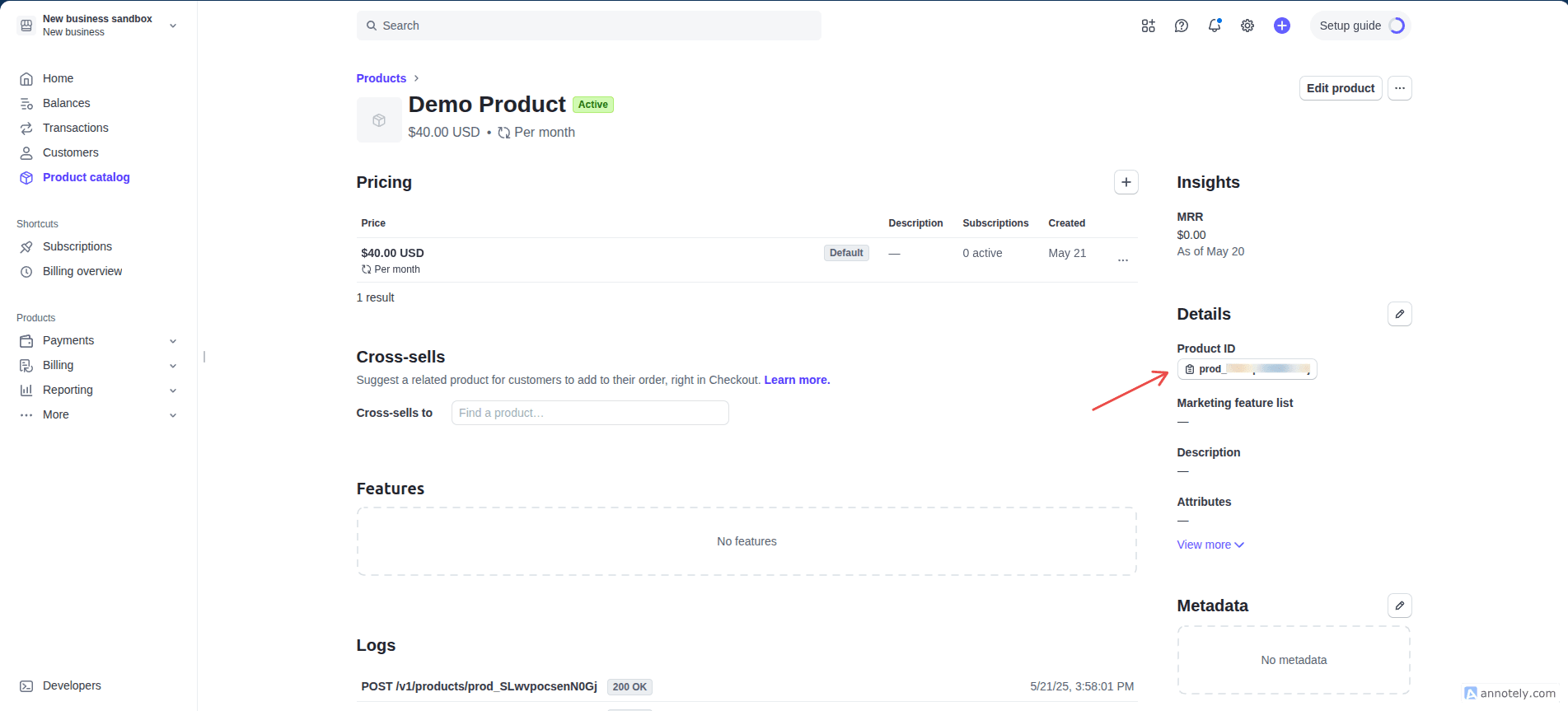 Screenshot of the details page of the product we've just created; an arrow indicating the stripe product id to copy