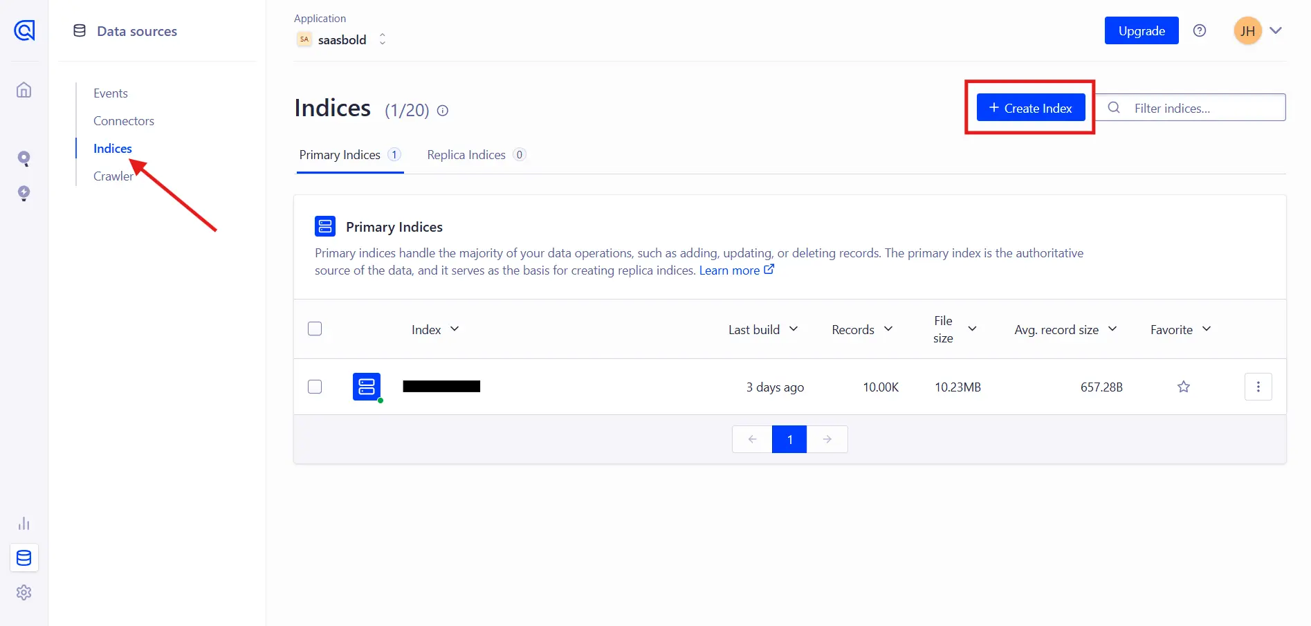 Screenshot of the Indices page with the Create Index button