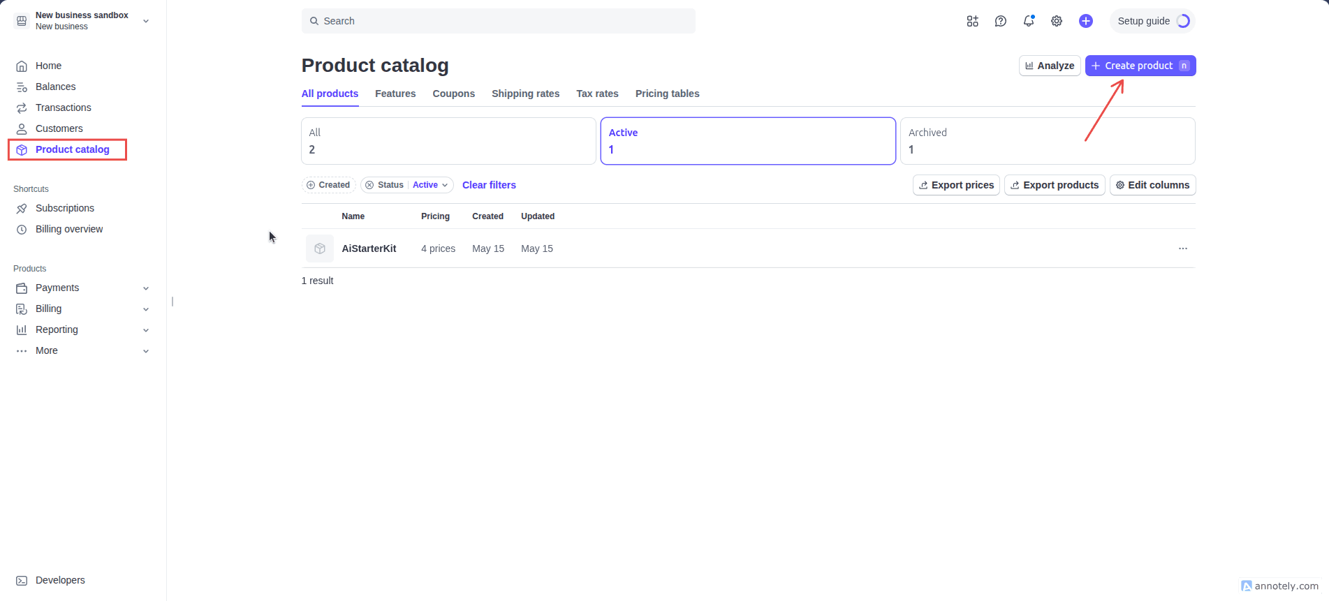 Screenshot of Stripe Product Catalog page, an arrow pointing the Create Product button